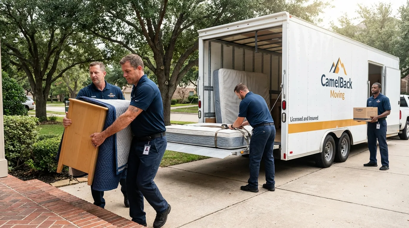 Crew loading residential truck for cross-state move from Corning, AR