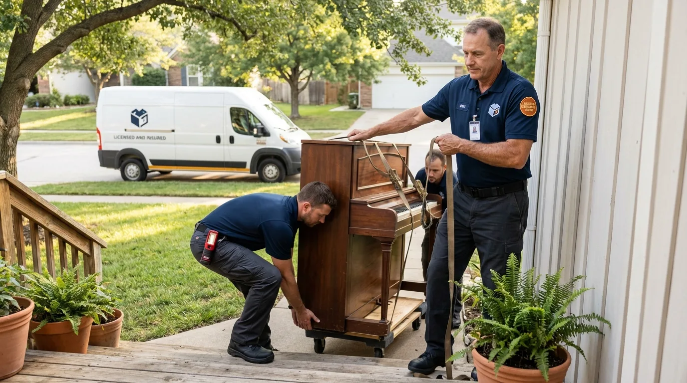 Licensed piano movers securing grand piano in Corning, AR