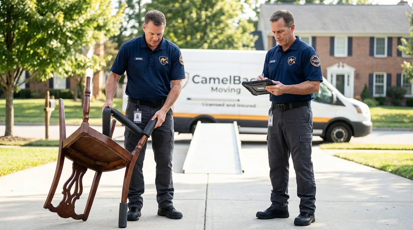 Movers inspecting furniture for damage prevention before loading in Corning, AR
