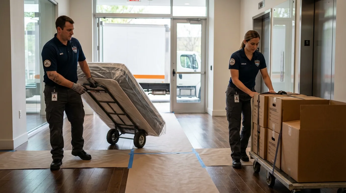 Professional apartment movers loading elevator in Corning, AR