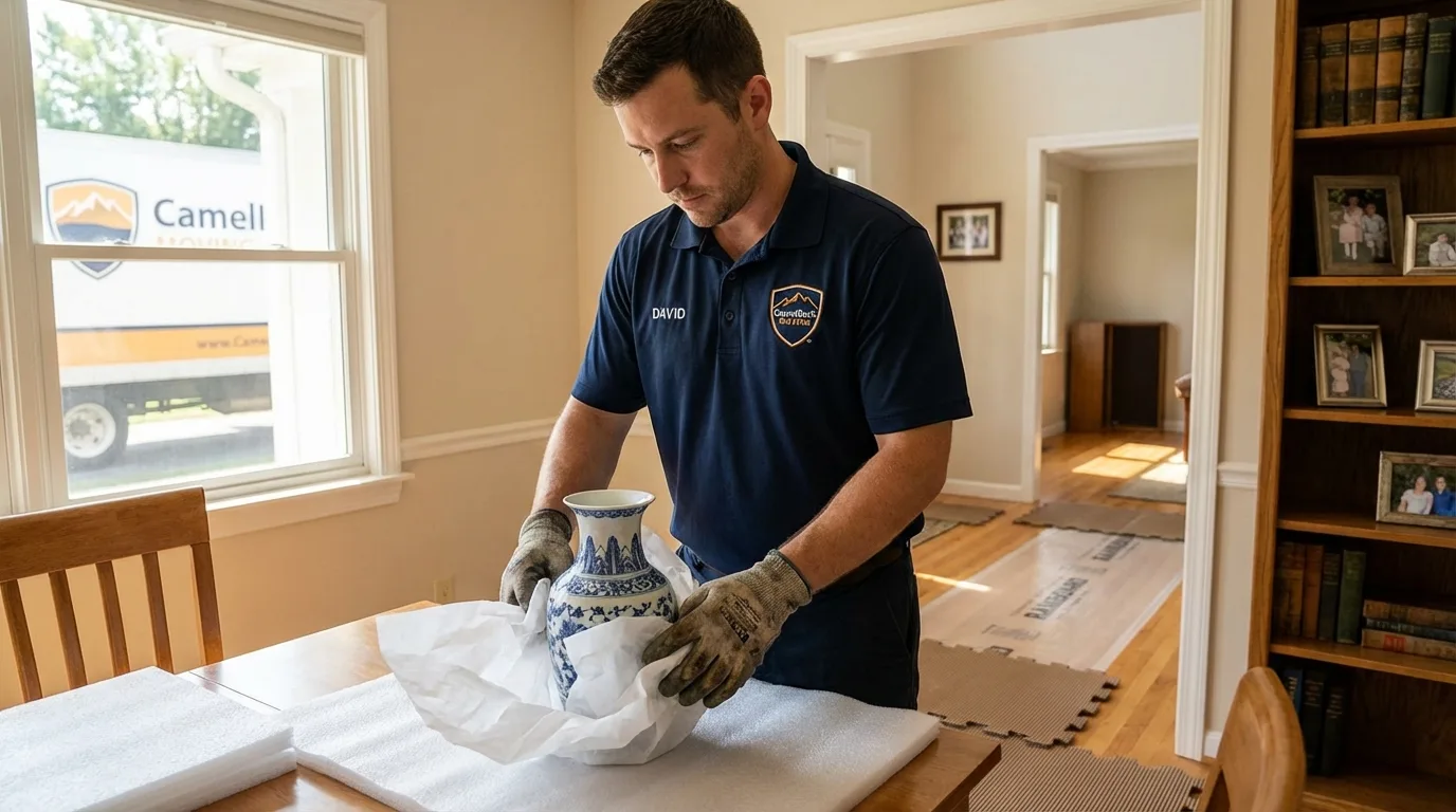 Professional crew carefully wrapping antique vase for senior downsizing move in Corning, AR