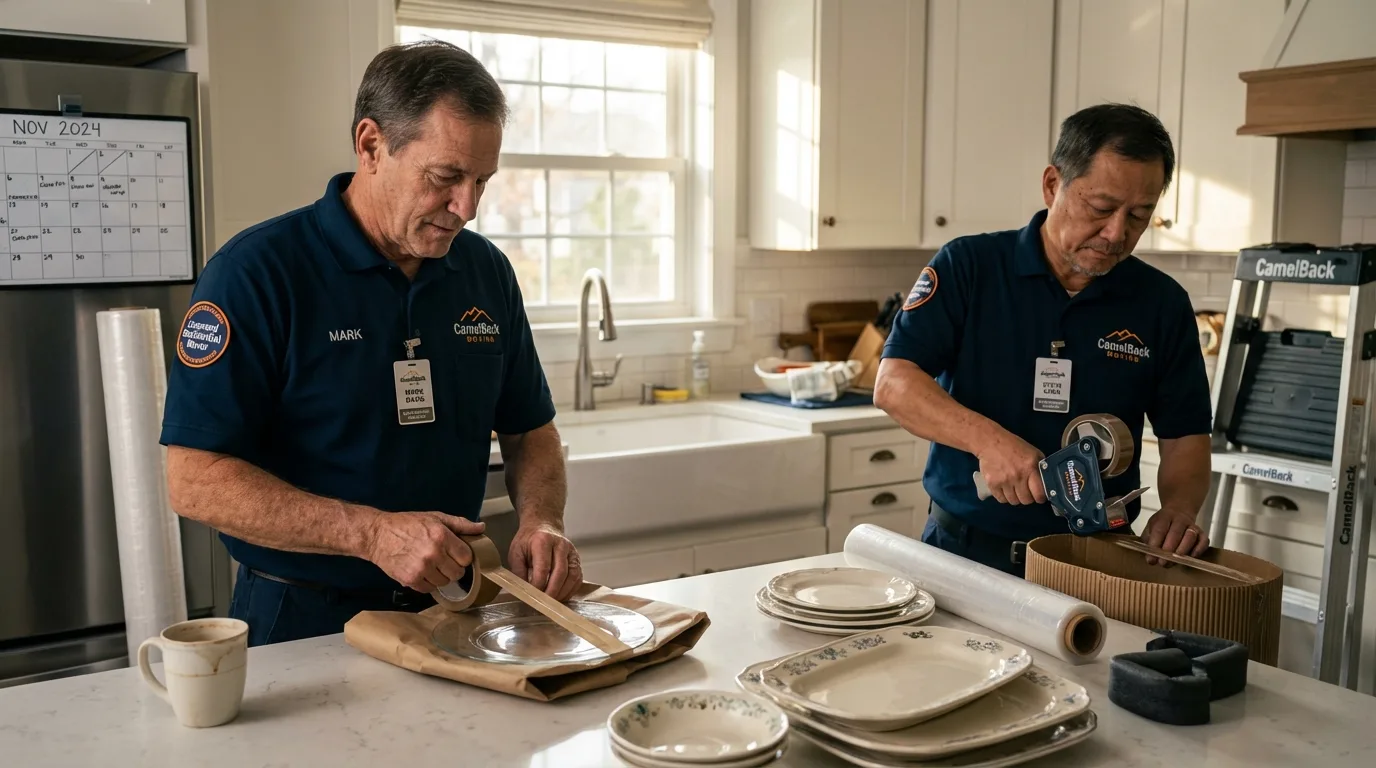 Professional crew packing kitchen dishware in Corning, AR